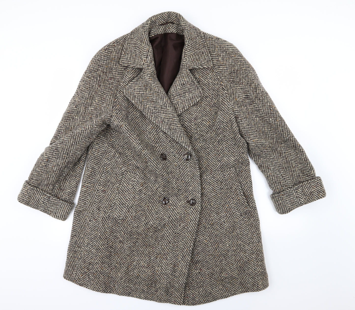 Marks and Spencer Womens Brown Herringbone Knit Overcoat Coat Size 14