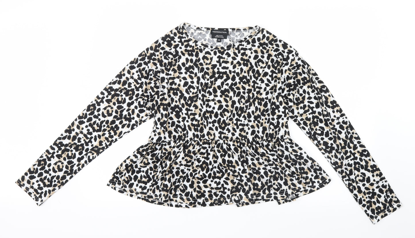 Wednesday's girl Womens Black Animal Print  Basic T-Shirt Size M  - Peplum