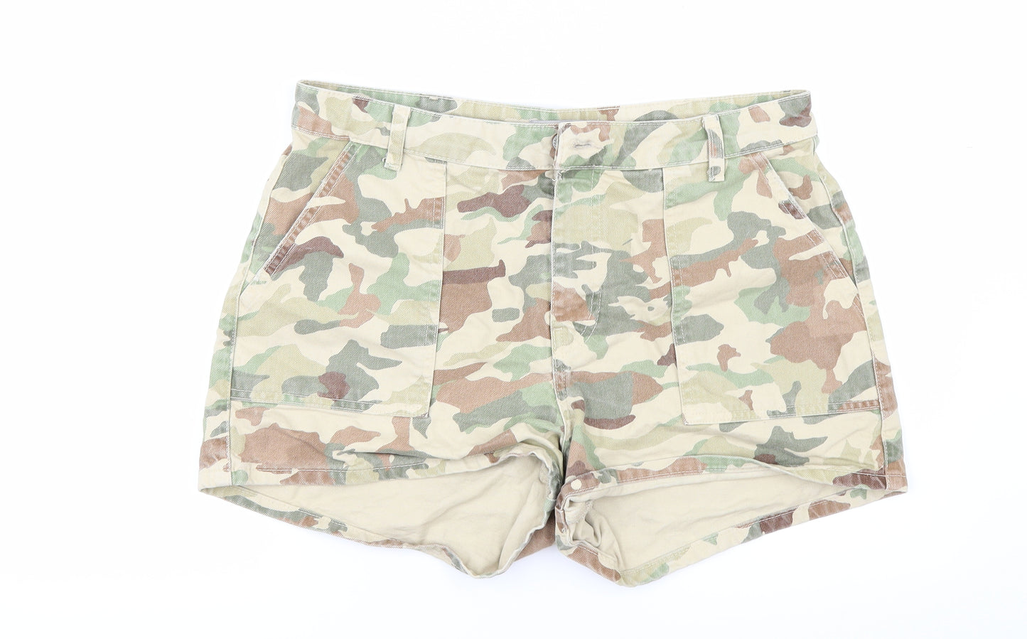 Denim & Co. Womens Green Camouflage Denim Hot Pants Shorts Size 14