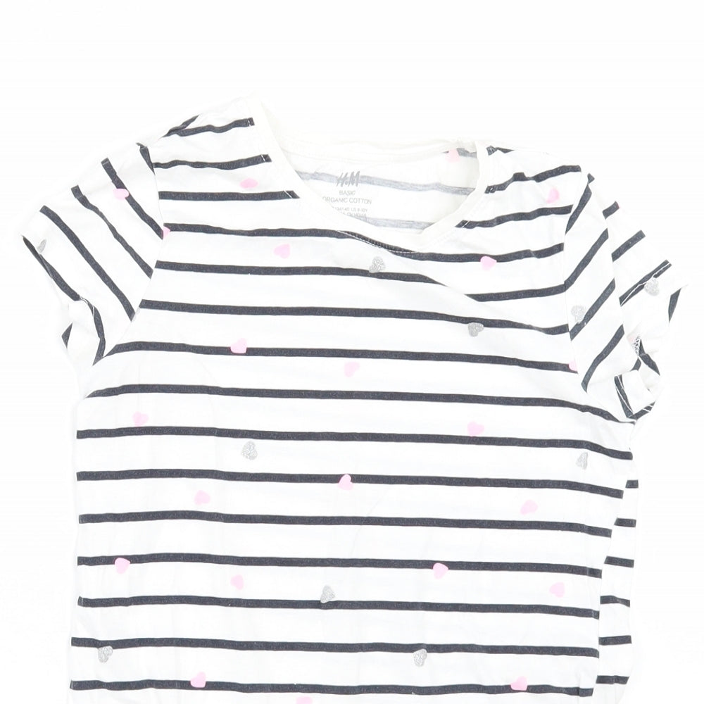 H&M Girls White Striped  Basic T-Shirt Size 9-10 Years