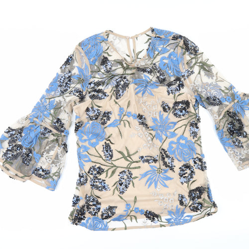 Marks and Spencer Womens Beige Floral  Tunic Blouse Size 10  - flared sleeves