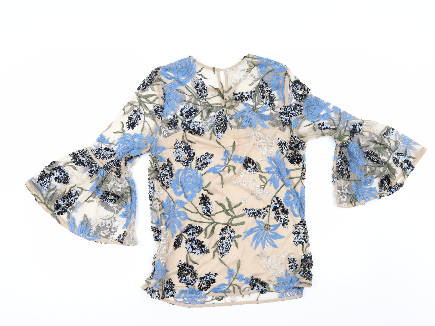 Marks and Spencer Womens Beige Floral  Tunic Blouse Size 10  - flared sleeves