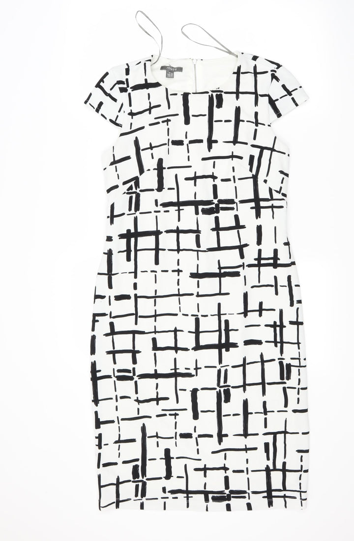 Muse Womens White Check A-Line Size 10