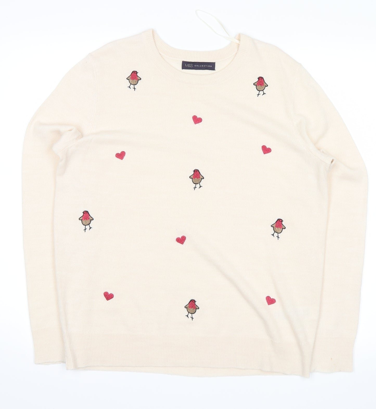 Marks and Spencer Womens Beige Animal Print  Pullover Jumper Size M  - robin, heart