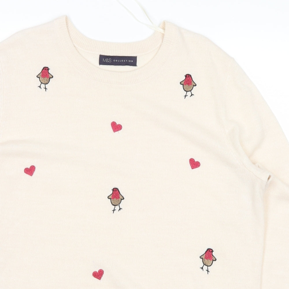 Marks and Spencer Womens Beige Animal Print  Pullover Jumper Size M  - robin, heart