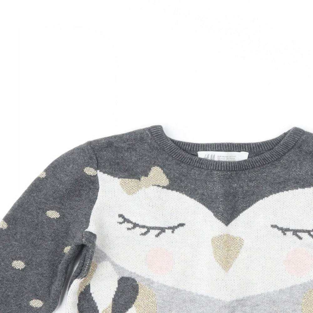 H&M Girls Grey   Pullover Jumper Size 3-4 Years  - penguin