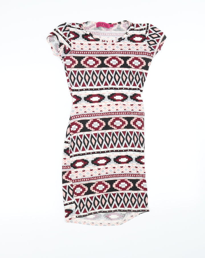 Boohoo Womens Pink Geometric Fit & Flare Size 8