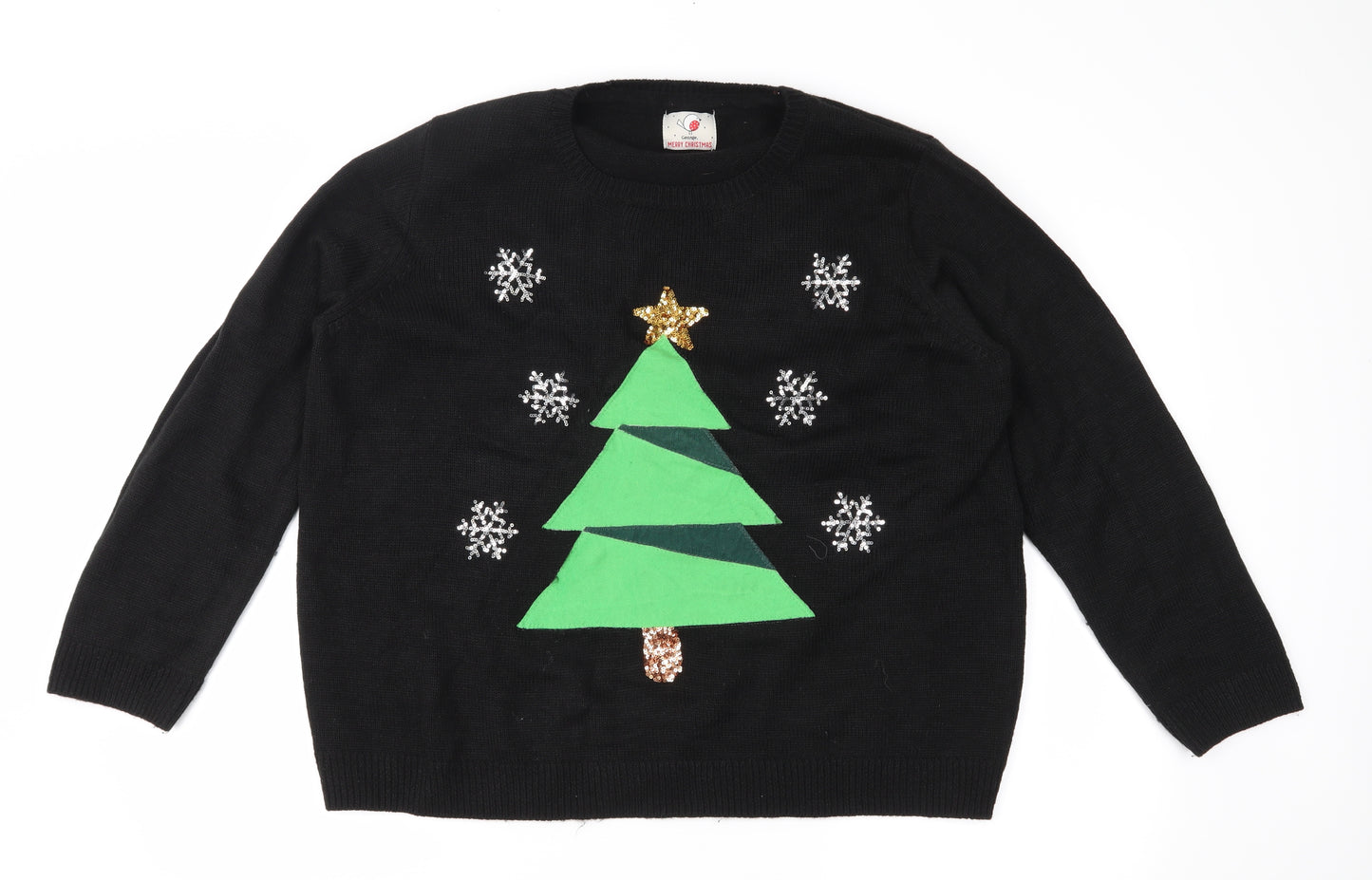 George Mens Black Fair Isle Knit Pullover Jumper Size XL  - Tree and Snowflakes