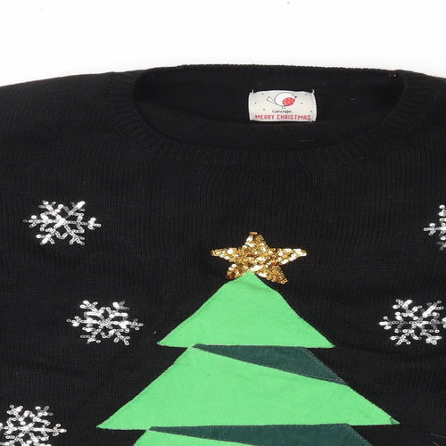 George Mens Black Fair Isle Knit Pullover Jumper Size XL  - Tree and Snowflakes