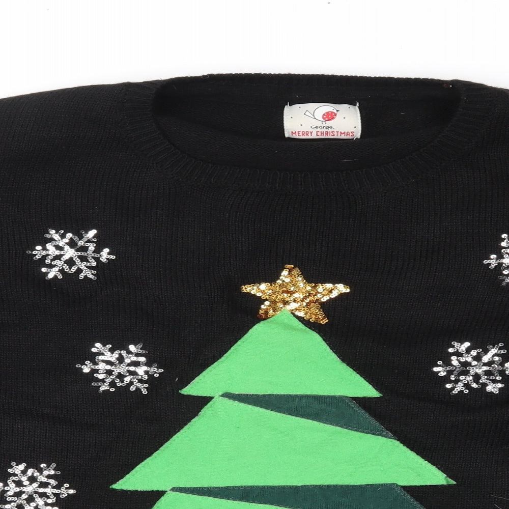 George Mens Black Fair Isle Knit Pullover Jumper Size XL  - Tree and Snowflakes
