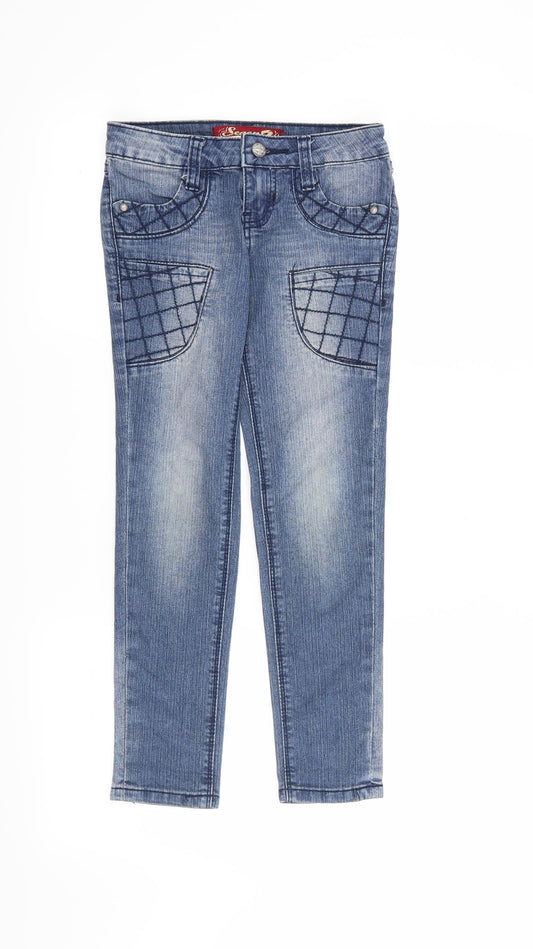 Front view of Preworn girls’ blue straight jeans, size 7, years