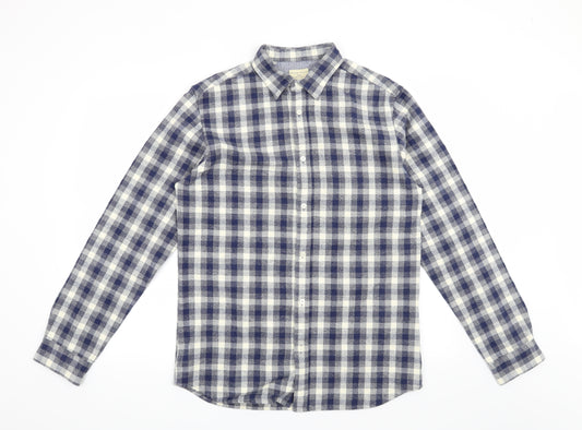 Front view of Selected Homme men’s blue check button-up, size M