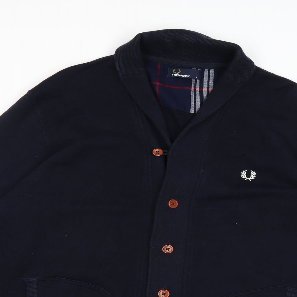 Fred Perry Mens Blue  Jersey Cardigan Jumper Size L