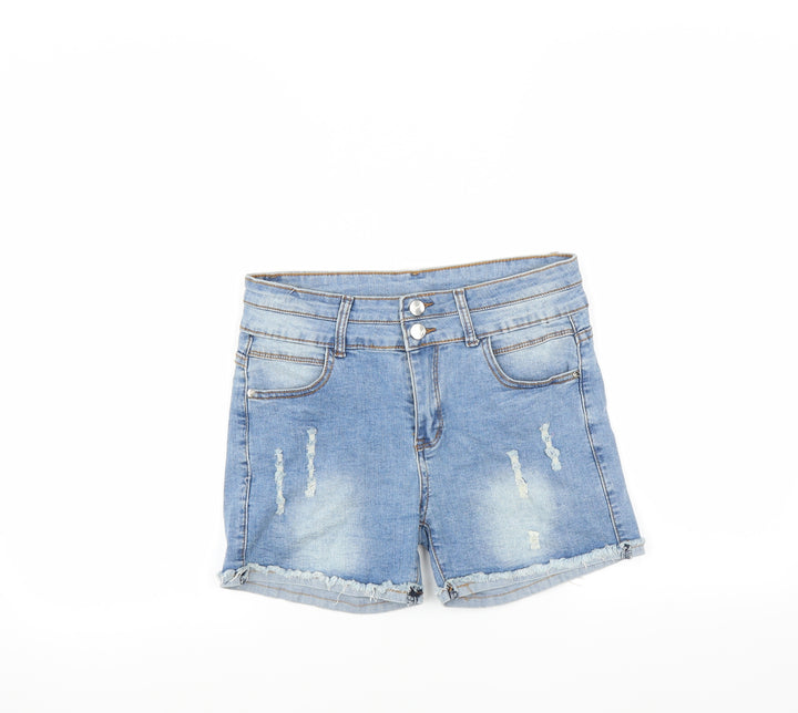 Preworn Womens Blue Denim Hot Pants Shorts Size 6 - DISTRESSED