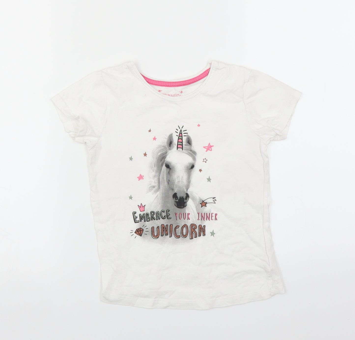 Primark Girls White   Basic T-Shirt Size 6-7 Years  - unicorn