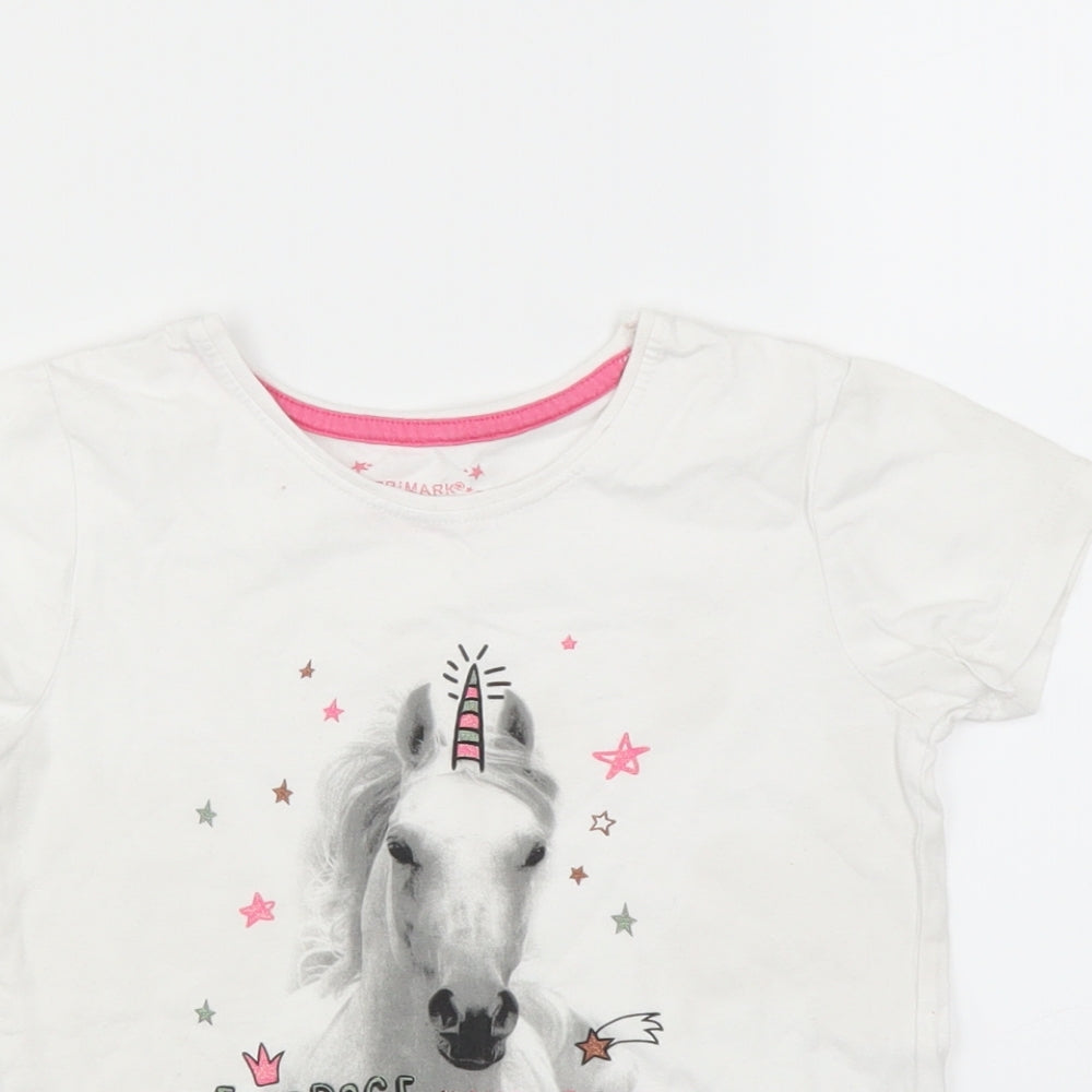 Primark Girls White   Basic T-Shirt Size 6-7 Years  - unicorn