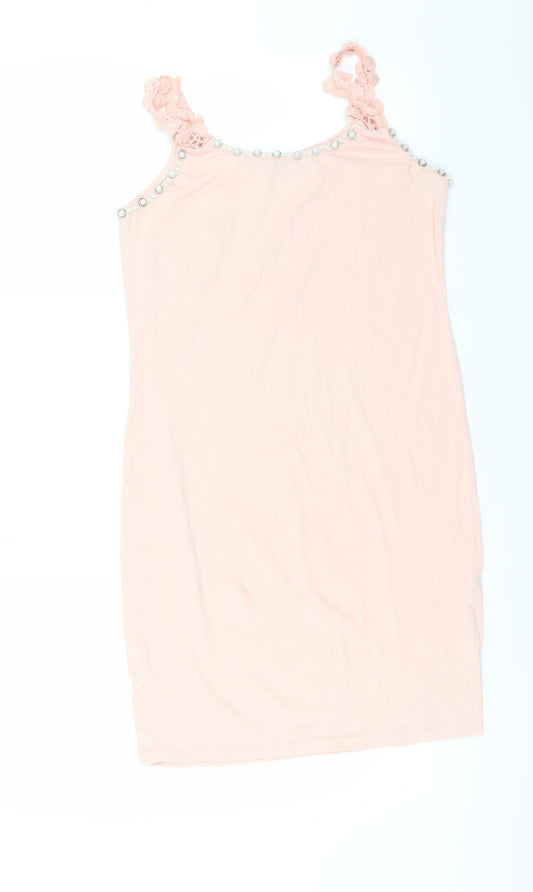 Front view of shk Paris women’s pink tank dress, size M