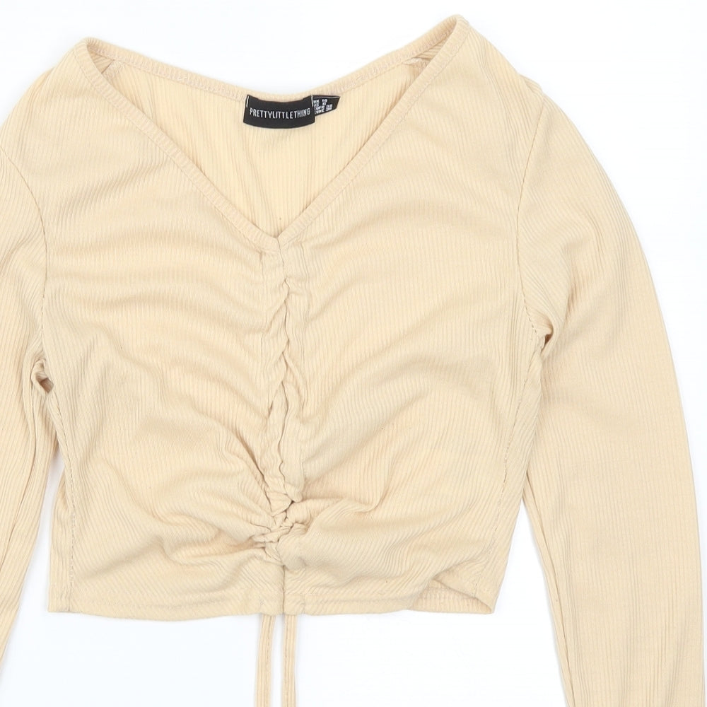 Pretty Little Thing Womens Beige   Cropped T-Shirt Size 10