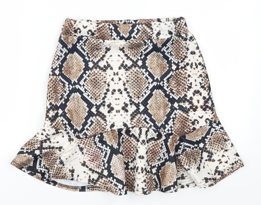 Front view of PRETTYLITTLETHING women’s brown striped mini skirt, size UK 10