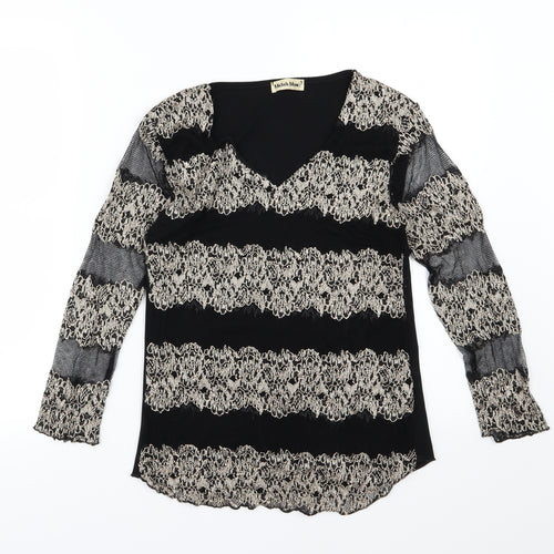 Michele Monet Womens Black Striped Mesh Basic Blouse Size S