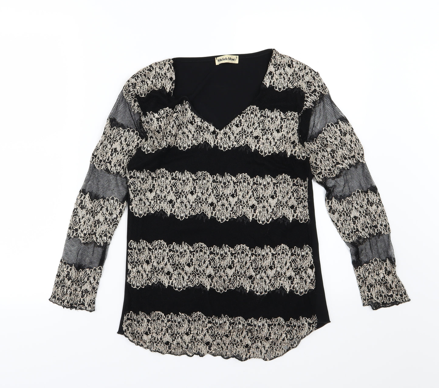 Michele Monet Womens Black Striped Mesh Basic Blouse Size S