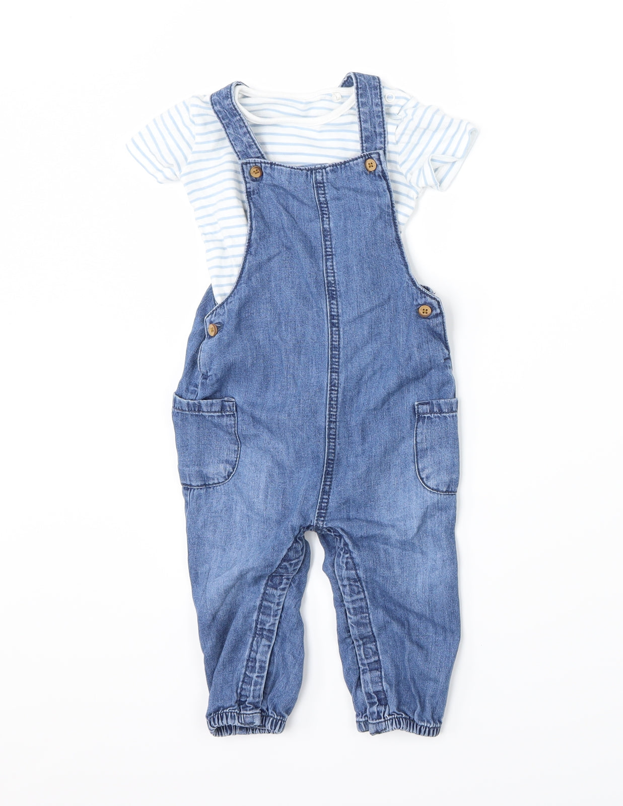 TU Boys Blue Striped Denim Dungaree Outfit/Set Size 12-18 Months