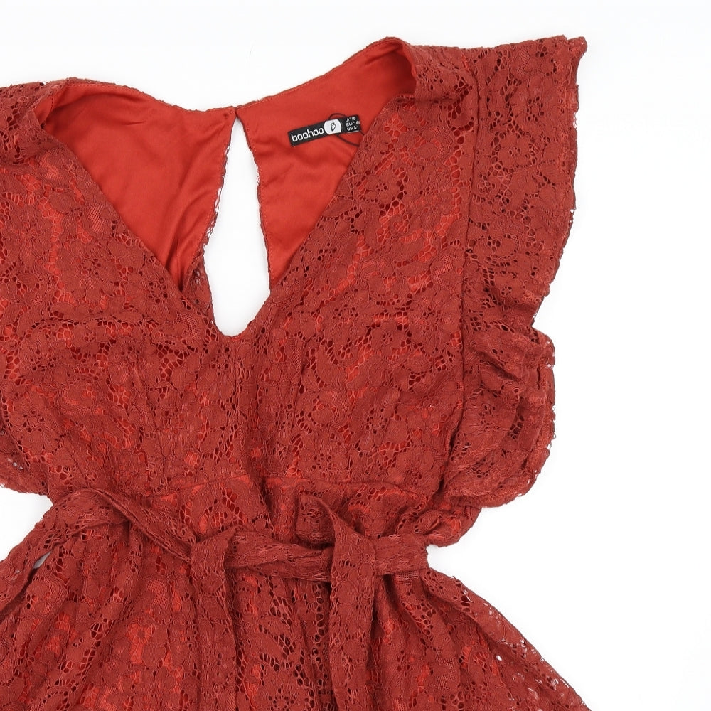 Boohoo Womens Orange  Lace Skater Dress  Size 16