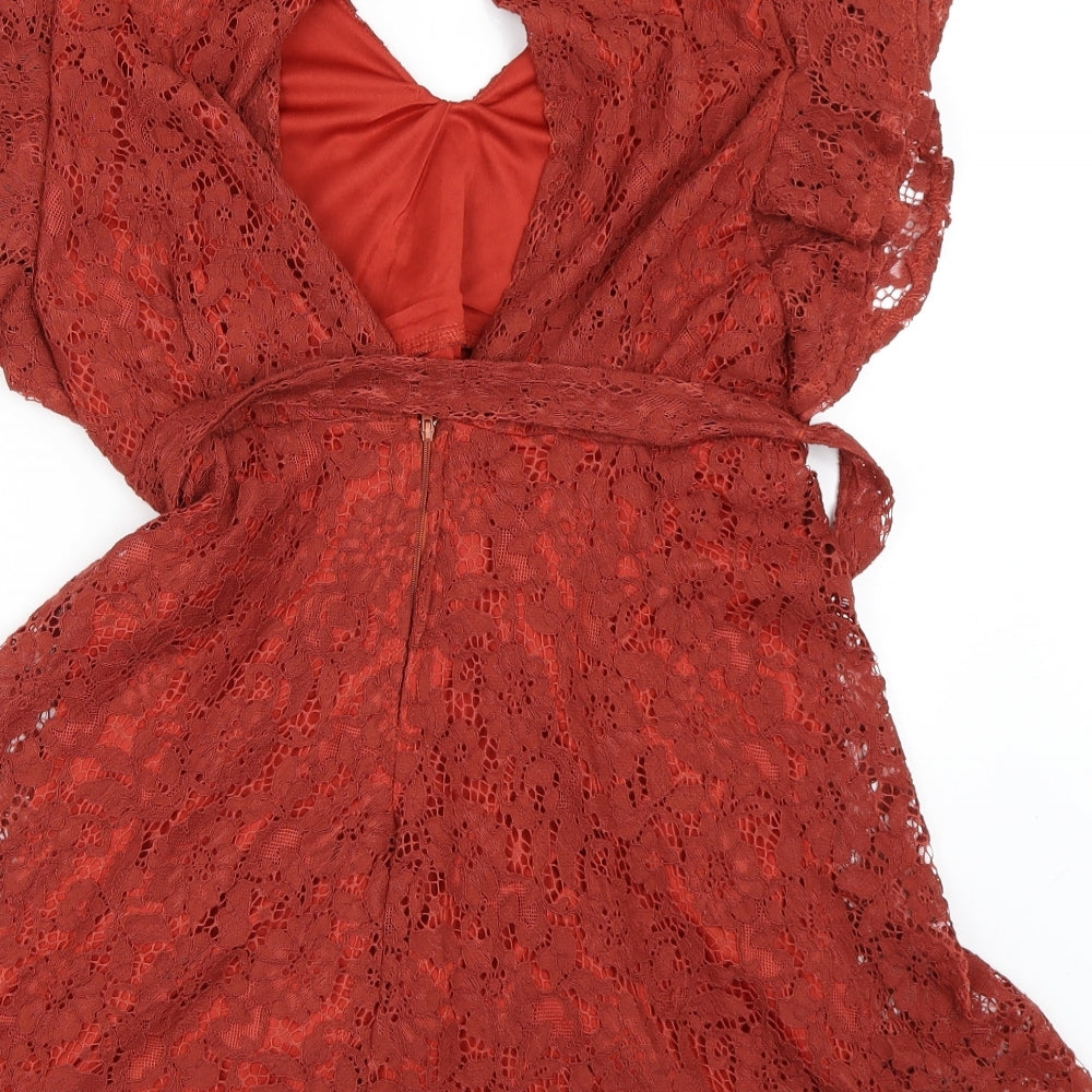 Boohoo Womens Orange  Lace Skater Dress  Size 16