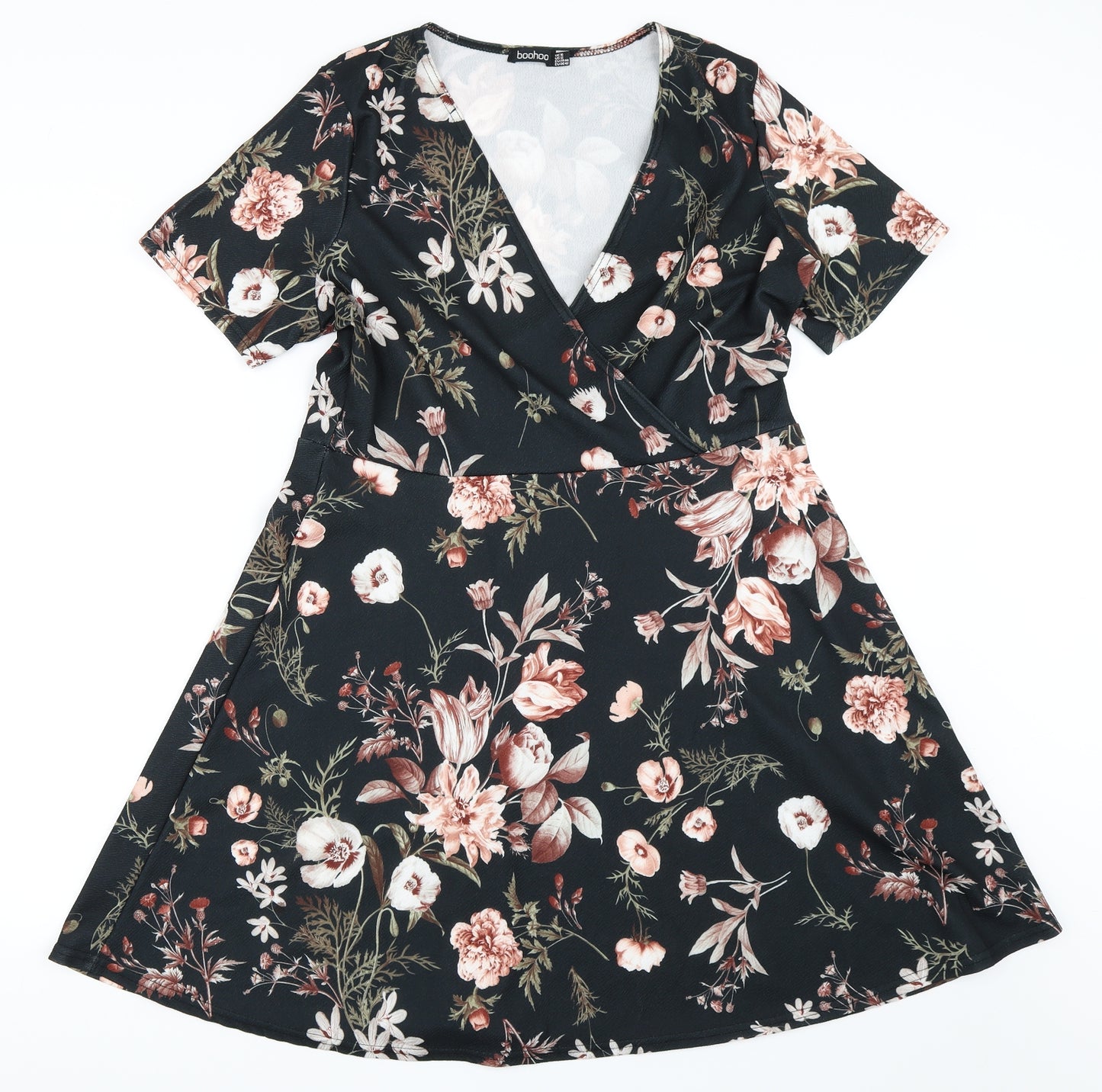 Boohoo Womens Black Floral  Skater Dress  Size 16