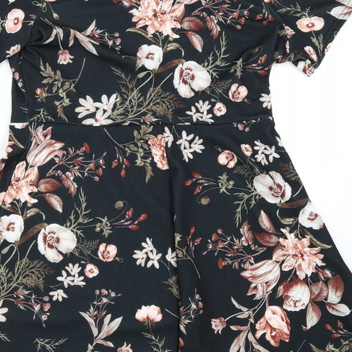 Boohoo Womens Black Floral  Skater Dress  Size 16
