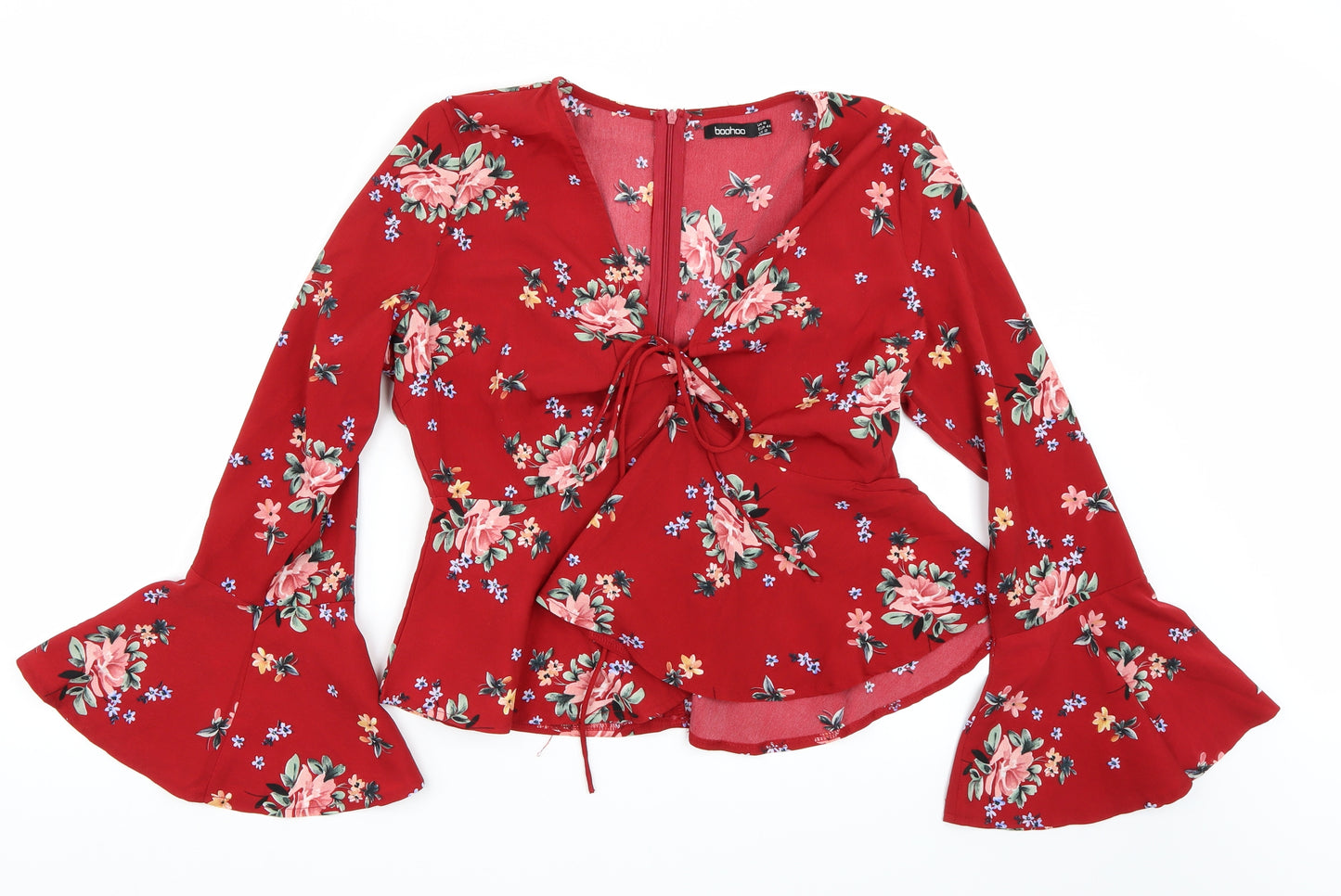 Boohoo Womens Red Floral  Cropped T-Shirt Size 16