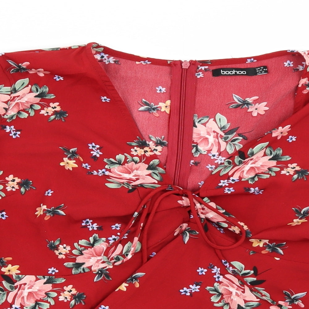 Boohoo Womens Red Floral  Cropped T-Shirt Size 16
