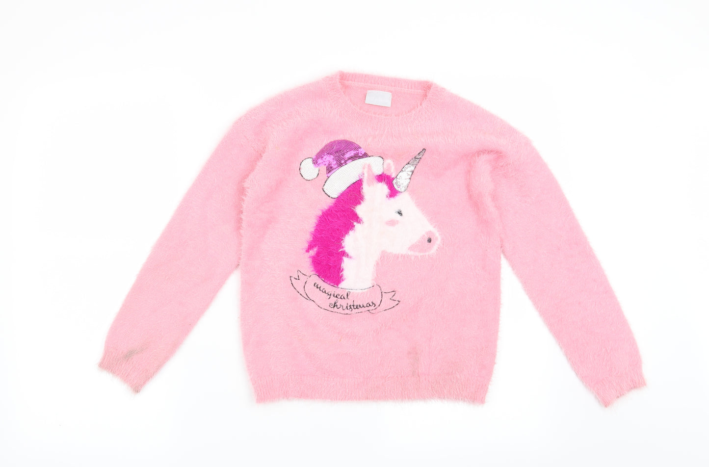 Matalan Girls Pink   Pullover Jumper Size 10 Years  - Christmas Unicorn