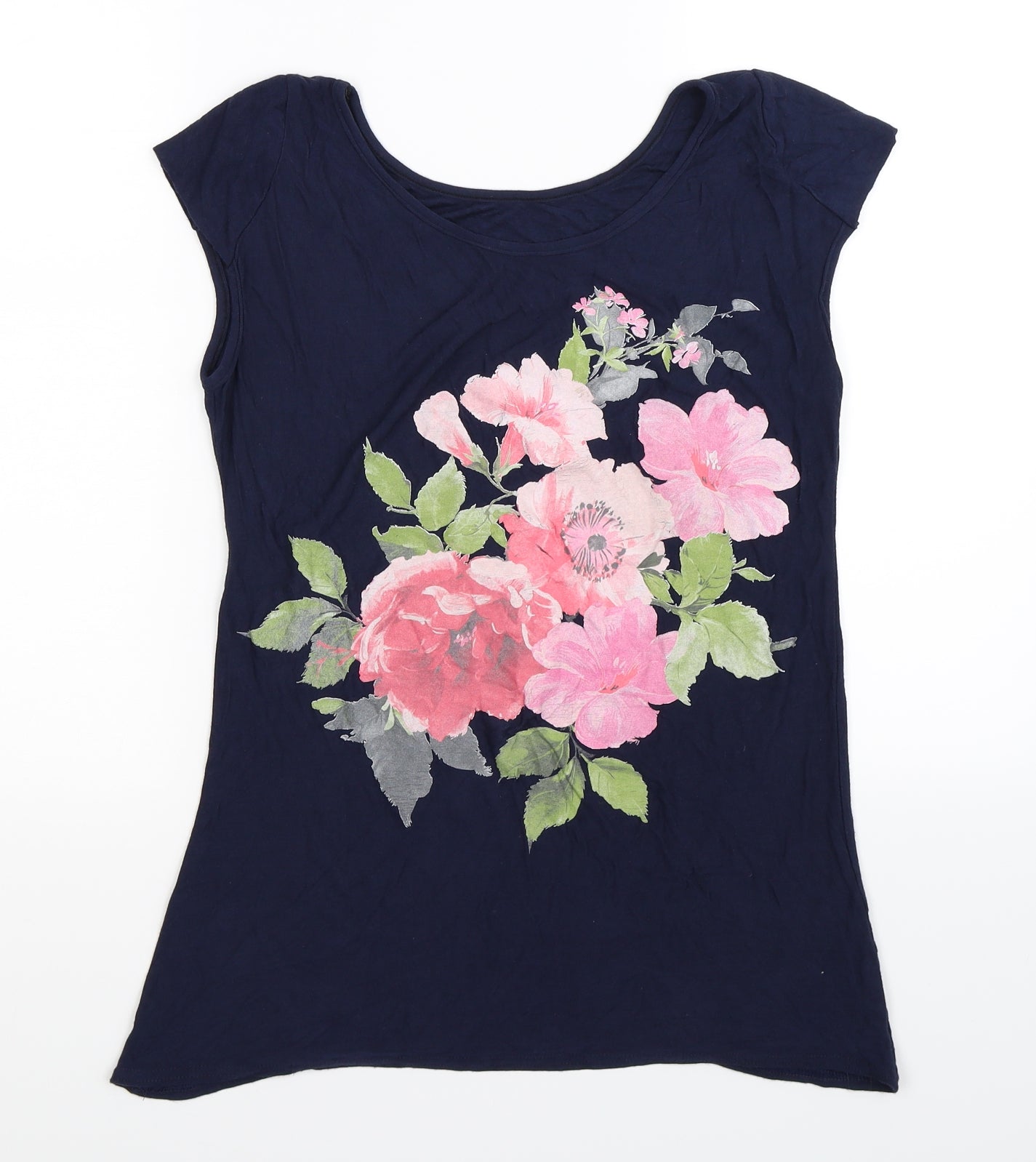 Preworn Womens Blue Floral  Basic T-Shirt Size L