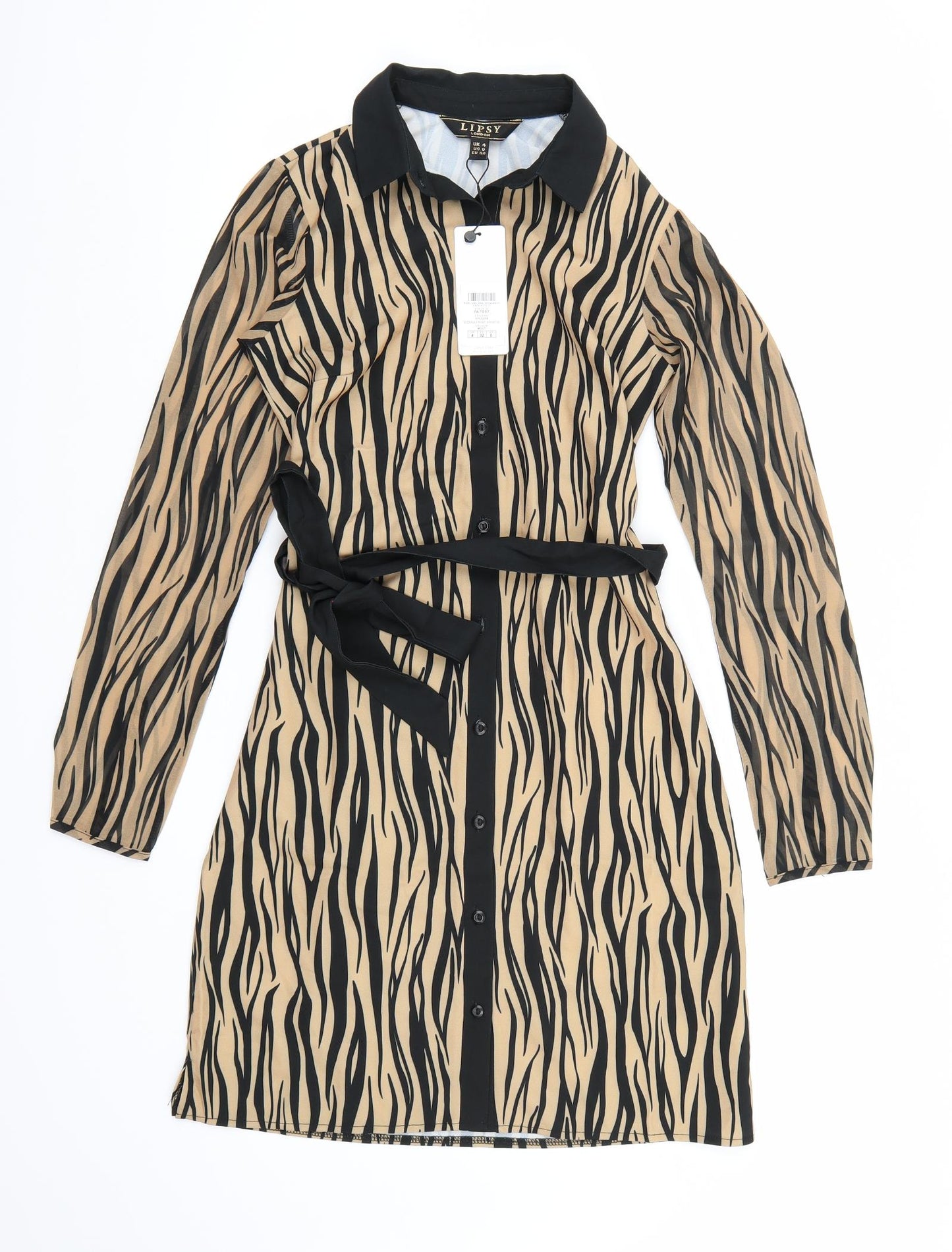 Lipsy London Womens Brown Animal Print Chiffon Shirt Dress  Size 4