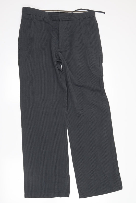 Front view of Next men’s grey striped trousers, size 32, in