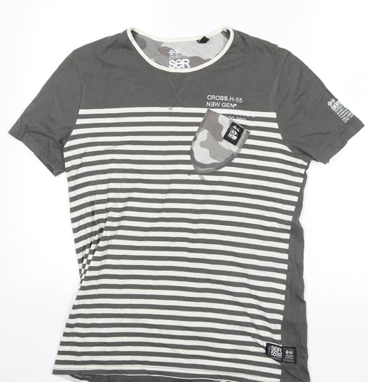 Front view of ser 55 men’s green striped t-shirt, size M