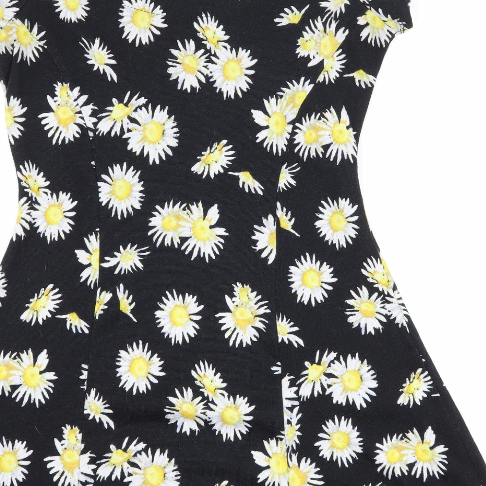 Pink Rose Womens Black Floral  Skater Dress  Size S