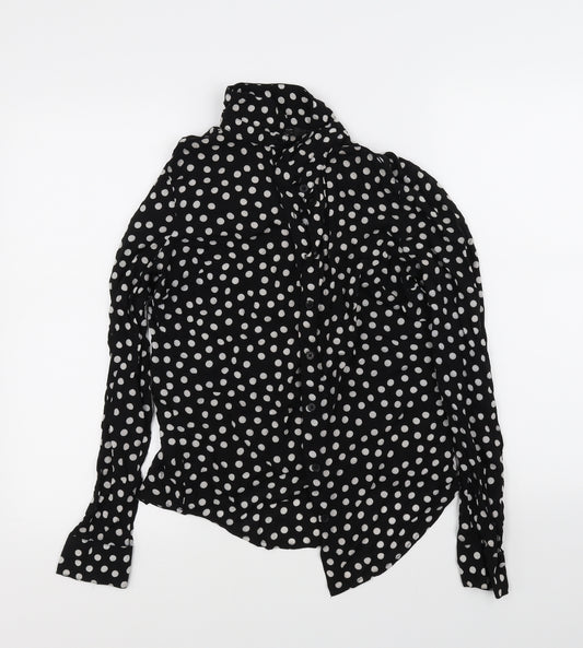 Front view of Next women’s black polka dot basic button-up, size UK 8