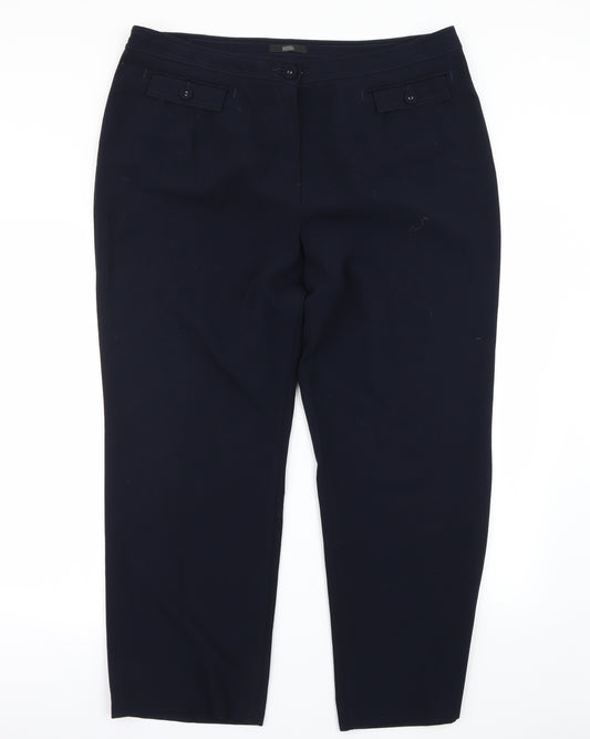 Front view of Marks & Spencer men’s blue dress pants trousers, size 18, 28-inch leg