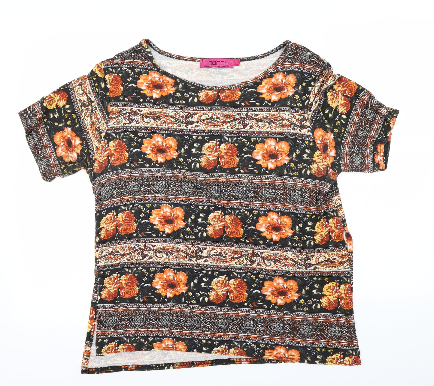 Boohoo Womens Black Floral  Basic T-Shirt Size 16