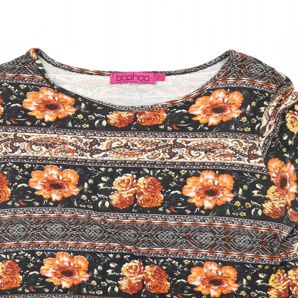 Boohoo Womens Black Floral  Basic T-Shirt Size 16