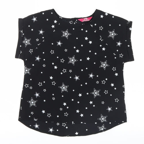 YD  Girls Black Geometric Mesh Basic T-Shirt Size 8-9 Years  - Stars