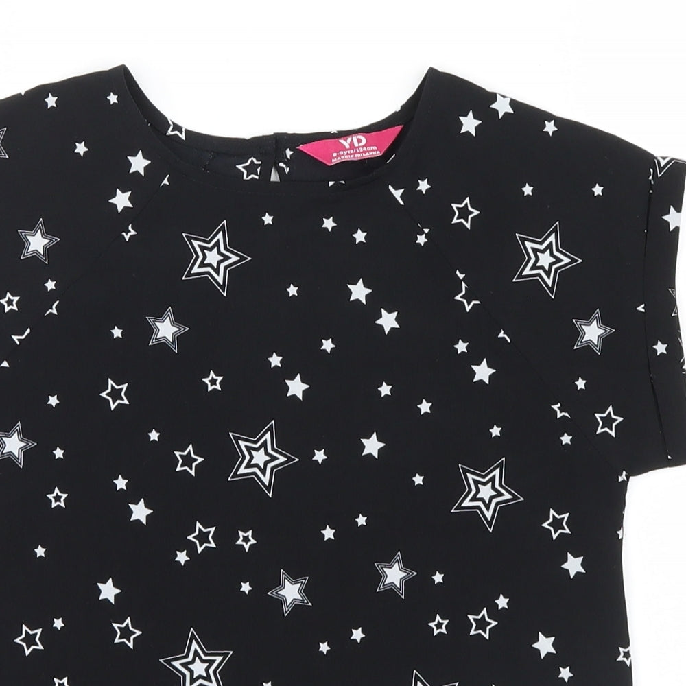 YD  Girls Black Geometric Mesh Basic T-Shirt Size 8-9 Years  - Stars