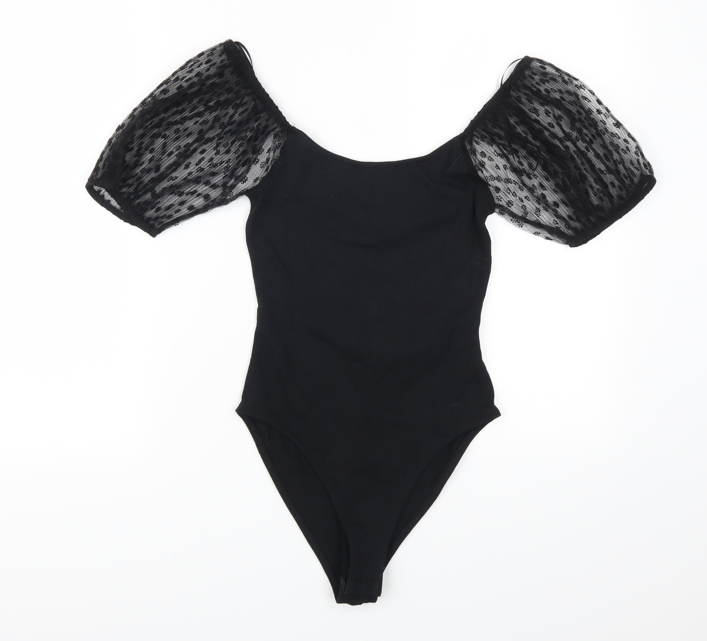 Primark Womens Black Flecked  Bodysuit One-Piece Size 6  - Floral Patterned Sleeves