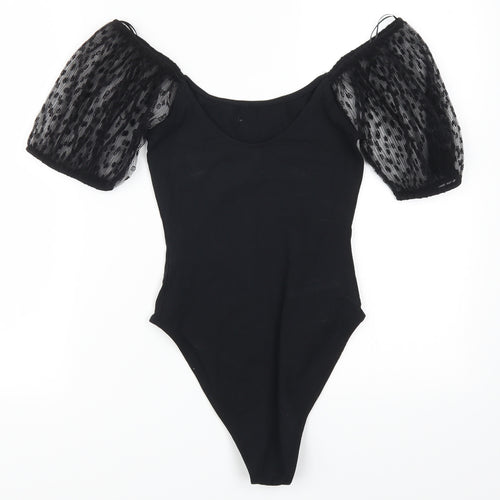 Primark Womens Black Flecked  Bodysuit One-Piece Size 6  - Floral Patterned Sleeves