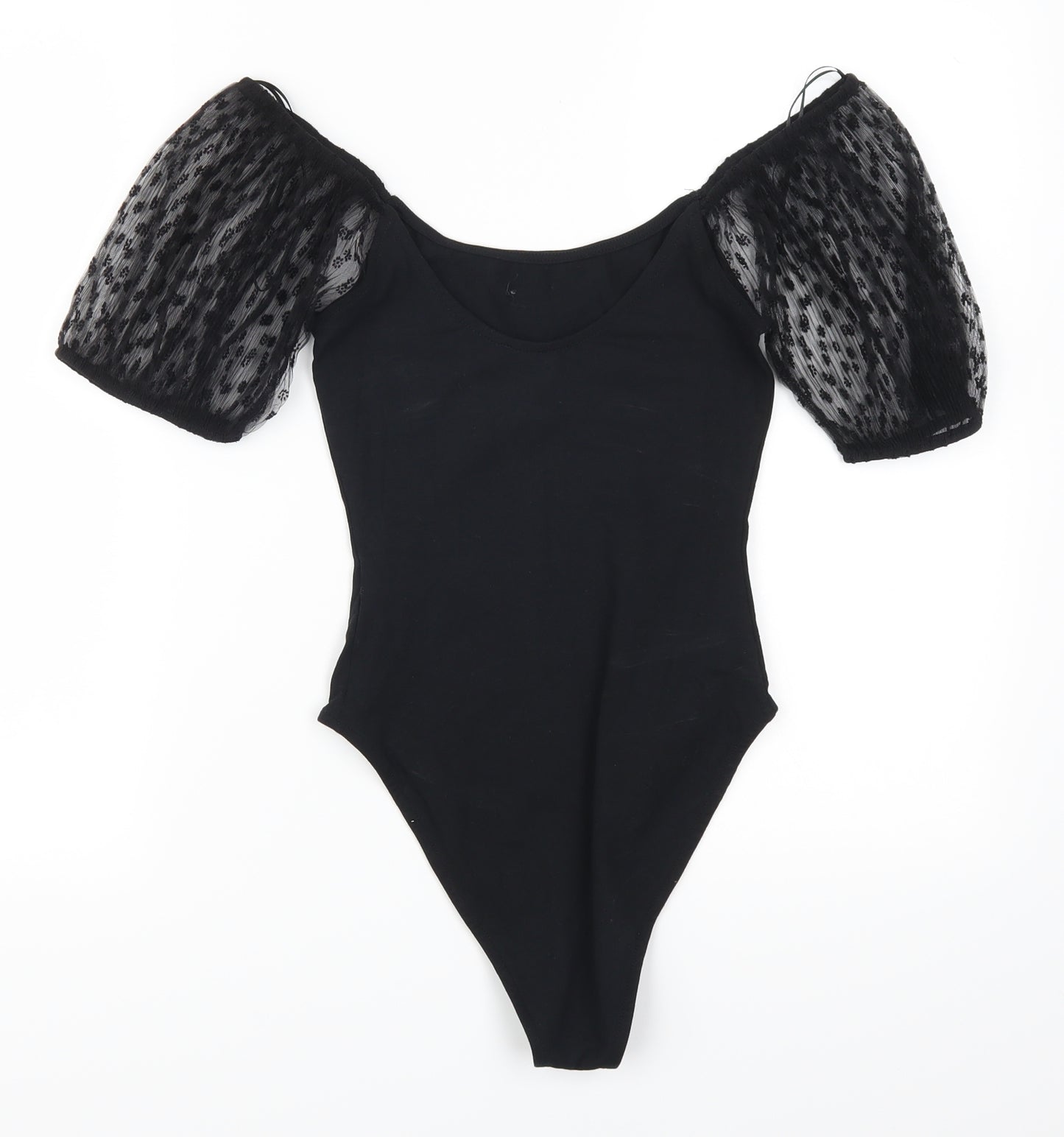 Primark Womens Black Flecked  Bodysuit One-Piece Size 6  - Floral Patterned Sleeves