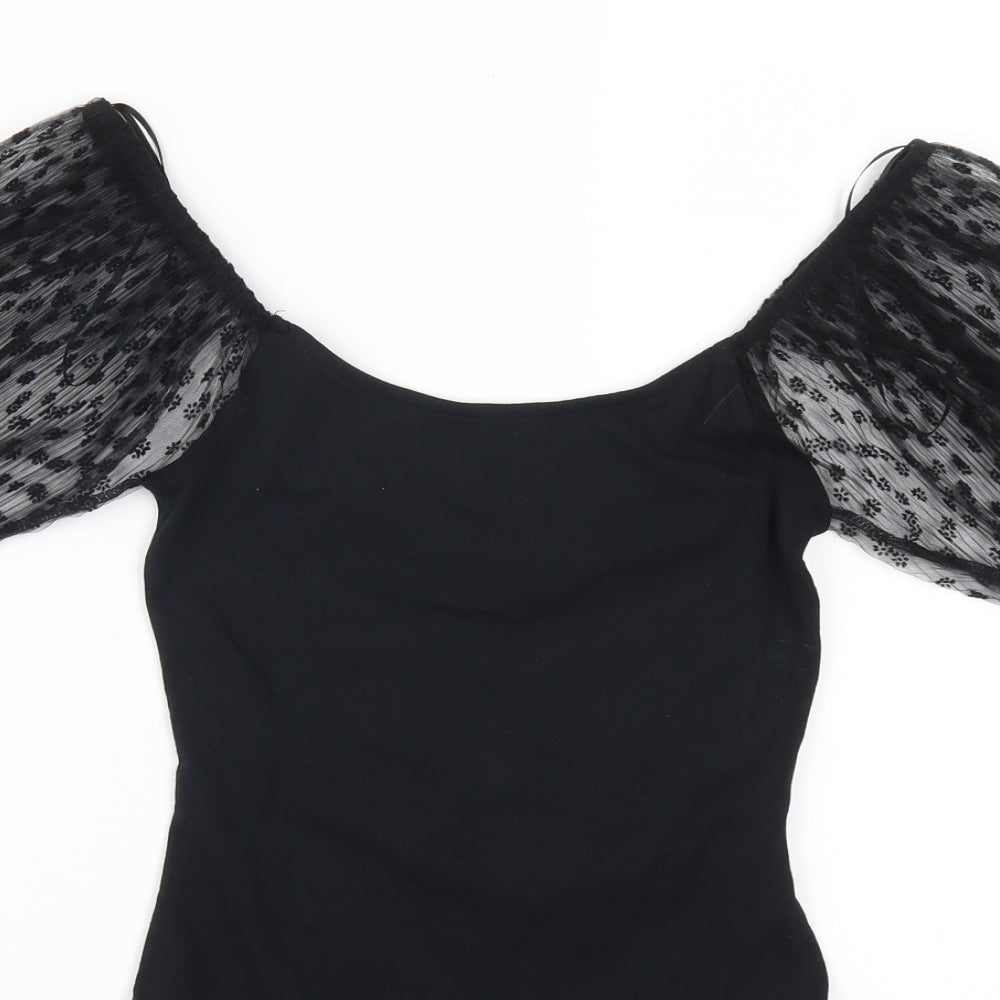 Primark Womens Black Flecked  Bodysuit One-Piece Size 6  - Floral Patterned Sleeves