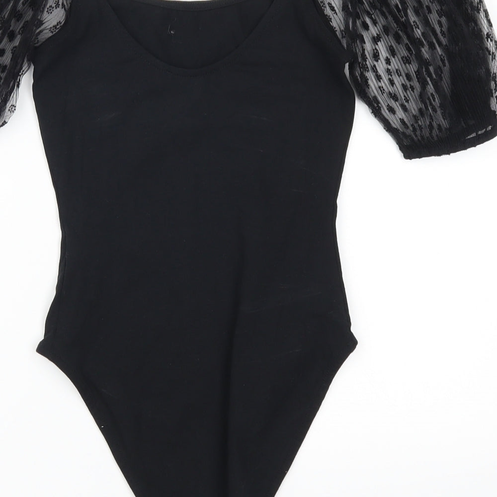 Primark Womens Black Flecked  Bodysuit One-Piece Size 6  - Floral Patterned Sleeves