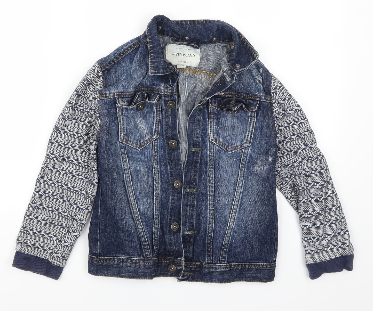 River Island Boys Blue Geometric Denim Gilet Jacket Size 9 Years